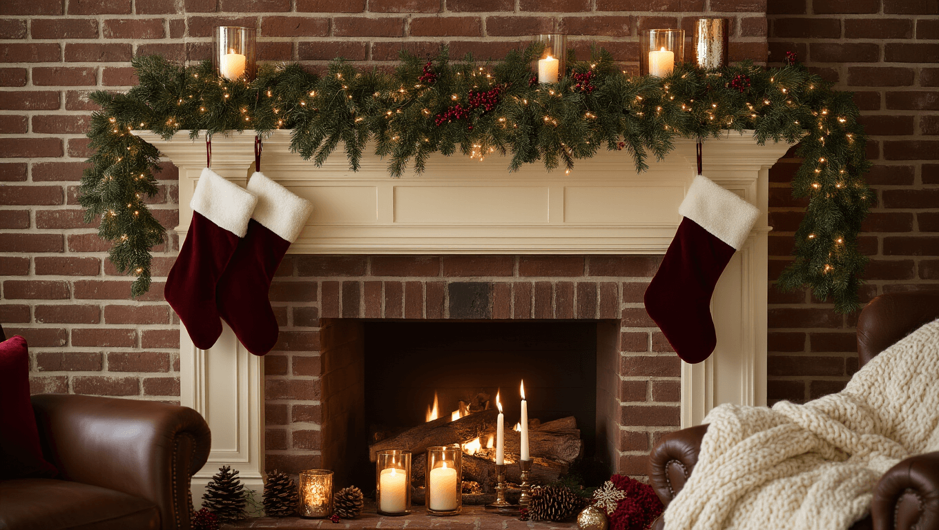 A cozy brick fireplace adorned with an asymmetrical evergreen garland, fairy lights, and burgundy velvet stockings. Pillar candles in glass hurricanes, pinecones, and red berries complete the festive scene, with a chunky knit throw over a leather armchair, creating a warm holiday ambiance.