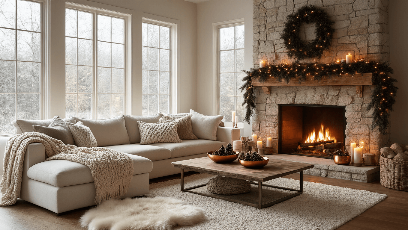 A cozy Christmas living room featuring a cream sectional with chunky knit throws, cedar garland on a stone fireplace, warm string lights, and flickering candles, all bathed in soft natural light during golden hour.