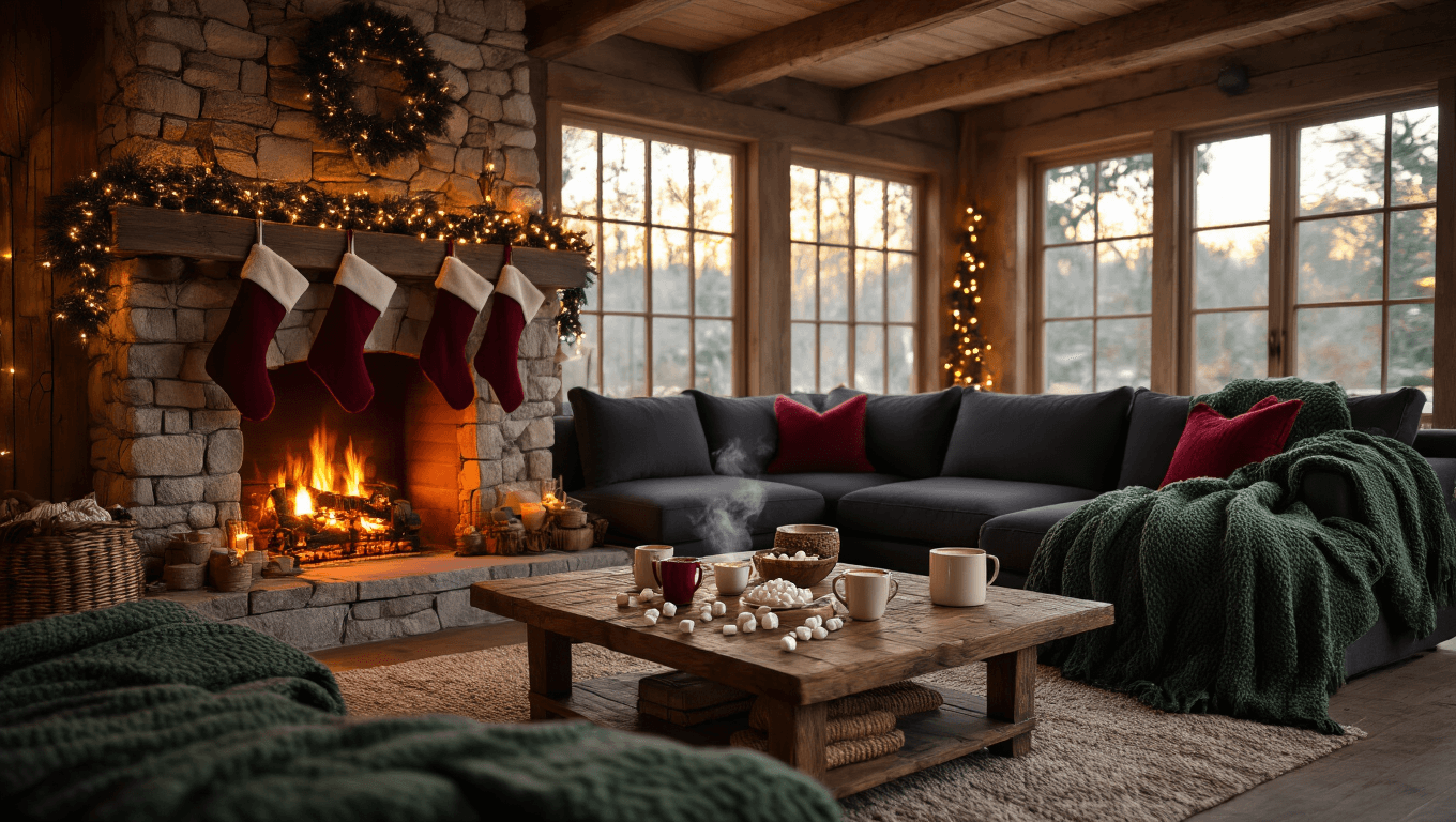 Cozy living room at golden hour with a crackling stone fireplace, cream and burgundy stockings, oversized charcoal sectional with forest green blankets, reclaimed wood coffee table with steaming cocoa, fairy lights, warm amber lighting, and a hygge aesthetic.