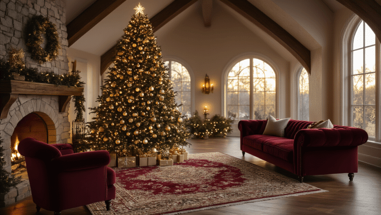 A cozy living room during golden hour featuring an 8-foot Fraser fir Christmas tree adorned with warm bokeh lights and gold-silver ornaments, a rich burgundy velvet sofa, a crackling stone fireplace, and a patterned Persian rug, all set against a backdrop of vaulted ceilings and warm amber lighting, creating a dreamy holiday ambiance.