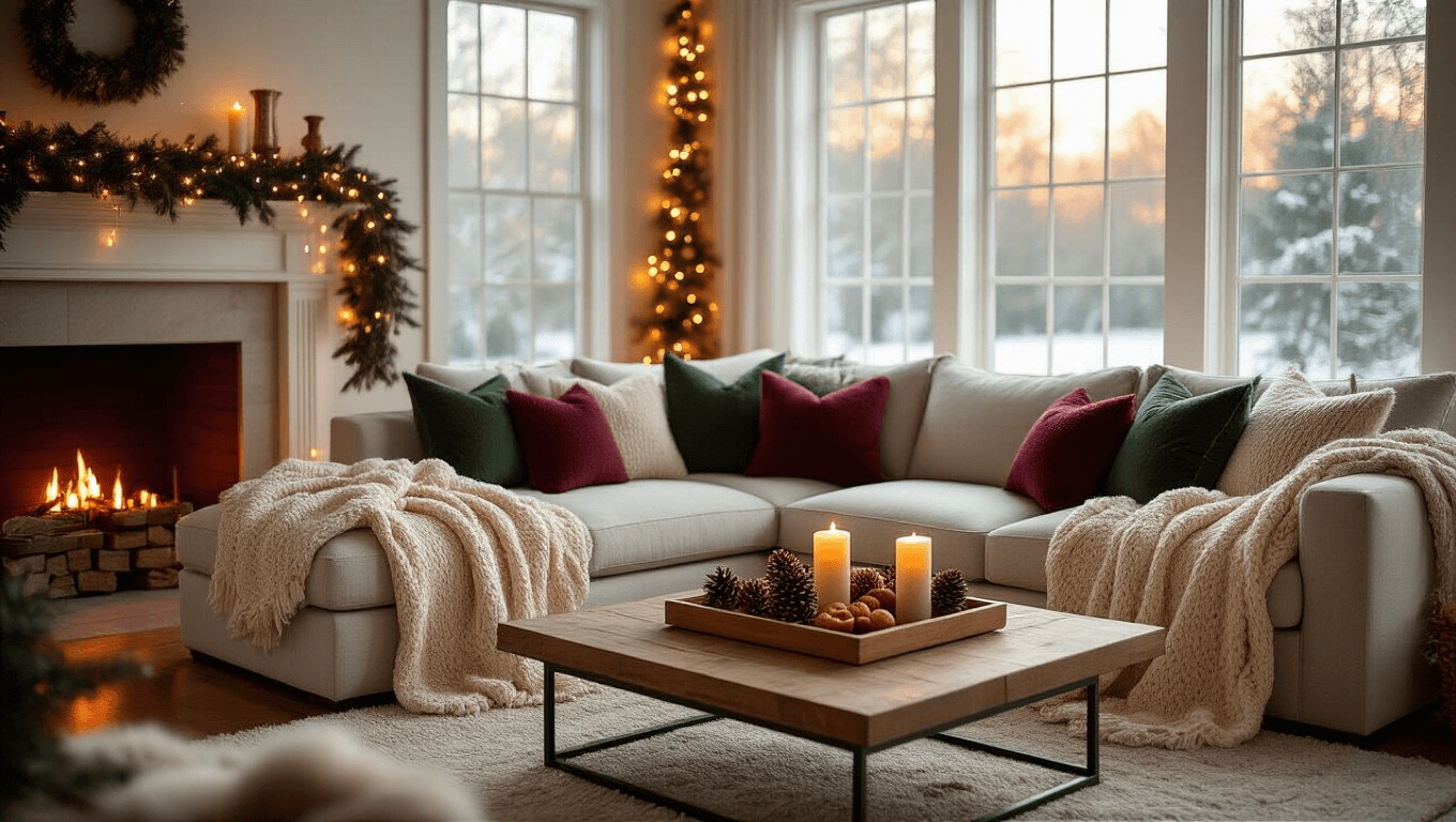 Cozy Christmas living room with golden hour light, featuring a sectional sofa with cream knit throws, forest green and burgundy pillows, faux fur accents, and warm string lights, alongside a coffee table adorned with candles and seasonal decor, all creating a magical holiday atmosphere.