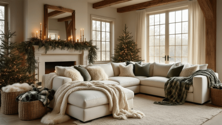 A cozy Christmas living room featuring a cream sectional sofa with chunky knit throws, faux fur pillows, sheepskin rugs, and a decorated mantel with cedar garland and candles, all bathed in warm golden hour light.