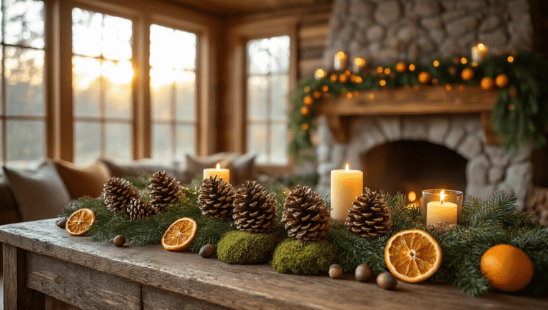 Cozy living room decorated for Christmas with natural elements, including pinecones, dried orange garlands, and evergreen branches, illuminated by golden hour light, featuring a rustic wood mantel and a stone fireplace.