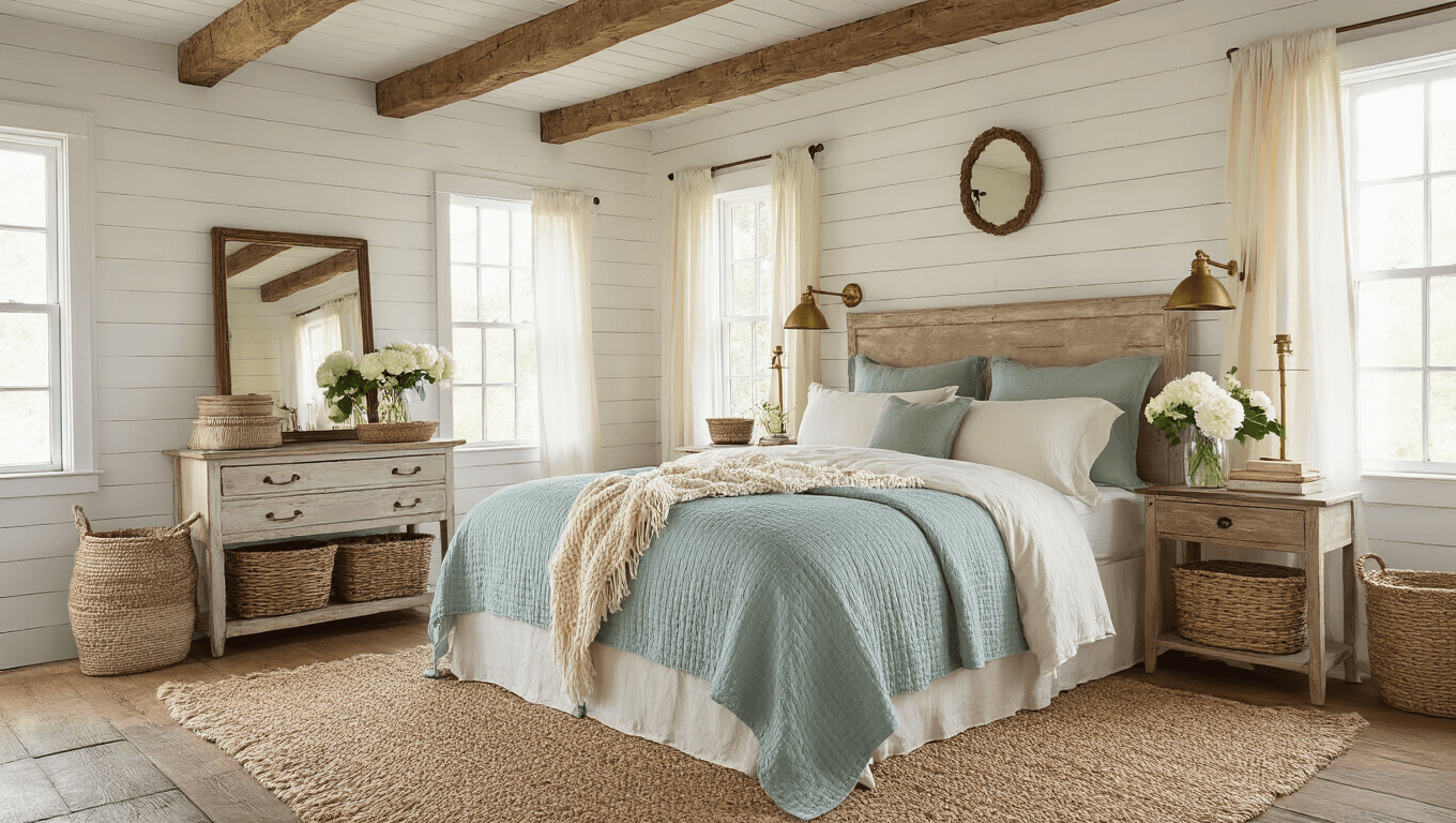 Intimate cottage bedroom with shiplap walls, exposed oak beams, and layered linen bedding in cream and dusty blue, featuring vintage nightstands, fresh peonies, and warm golden hour lighting.