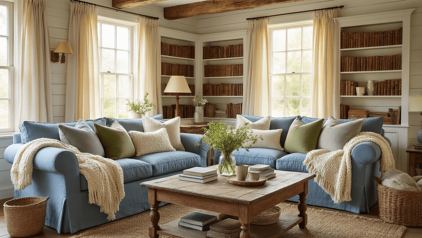 A cozy cottage living room filled with golden hour light, featuring a weathered blue sofa adorned with chunky knit throws and botanical pillows, a vintage wooden coffee table, and built-in bookshelves, complemented by fresh wildflowers and ceramic mugs.