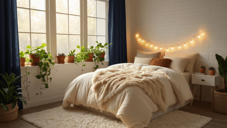 Cinematic wide-angle shot of a cozy dorm room with layered bedding, string lights, and plants, featuring warm golden sunlight and rich textures.