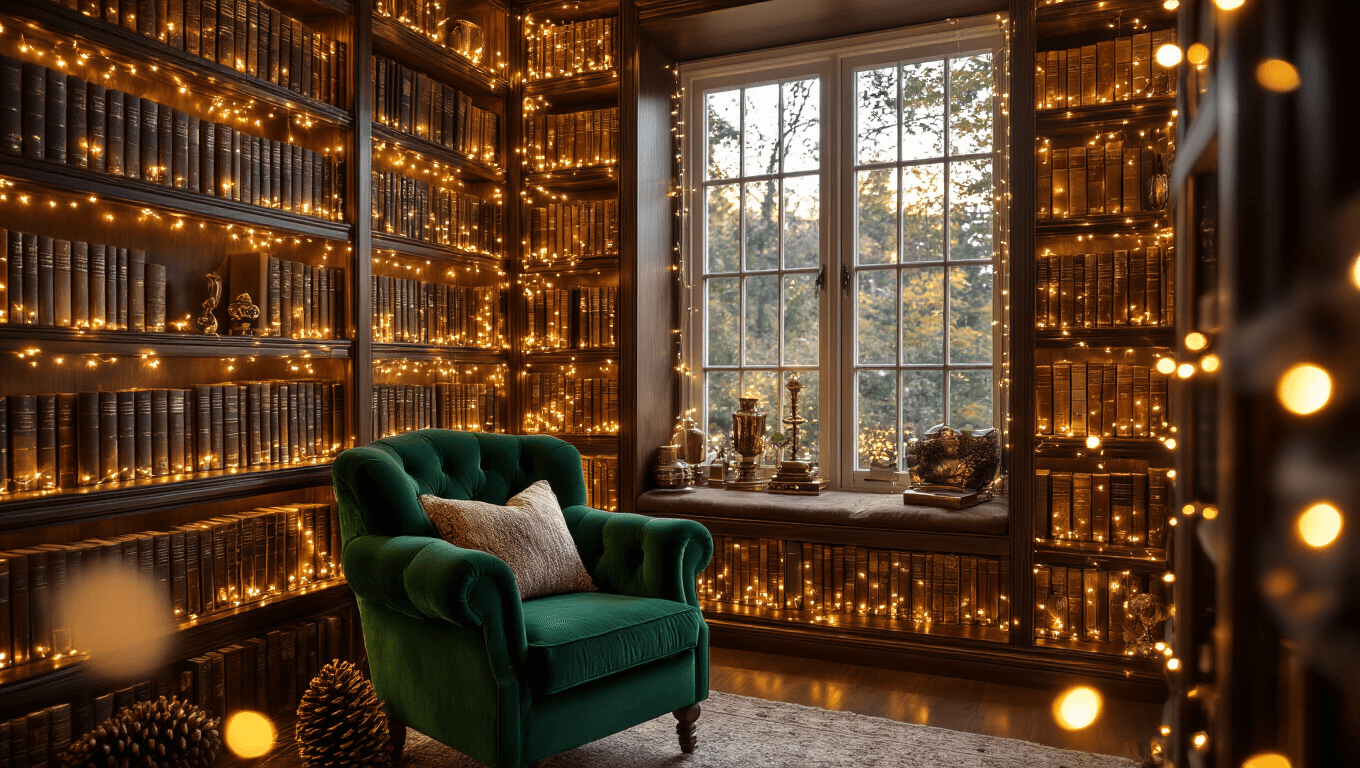A cozy reading nook featuring floor-to-ceiling bookshelves filled with vintage books, adorned with warm fairy lights and illuminated by golden hour sunlight, with a plush emerald velvet armchair nearby and decorative elements creating a magical ambiance.