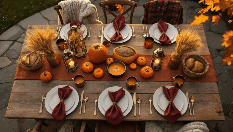 Cinematic overhead view of a rustic outdoor fall dinner party setup, featuring a reclaimed wood table on a stone patio, adorned with autumn decorations, warm golden hour lighting, and cozy elements like chunky knit throws and flickering brass lanterns.