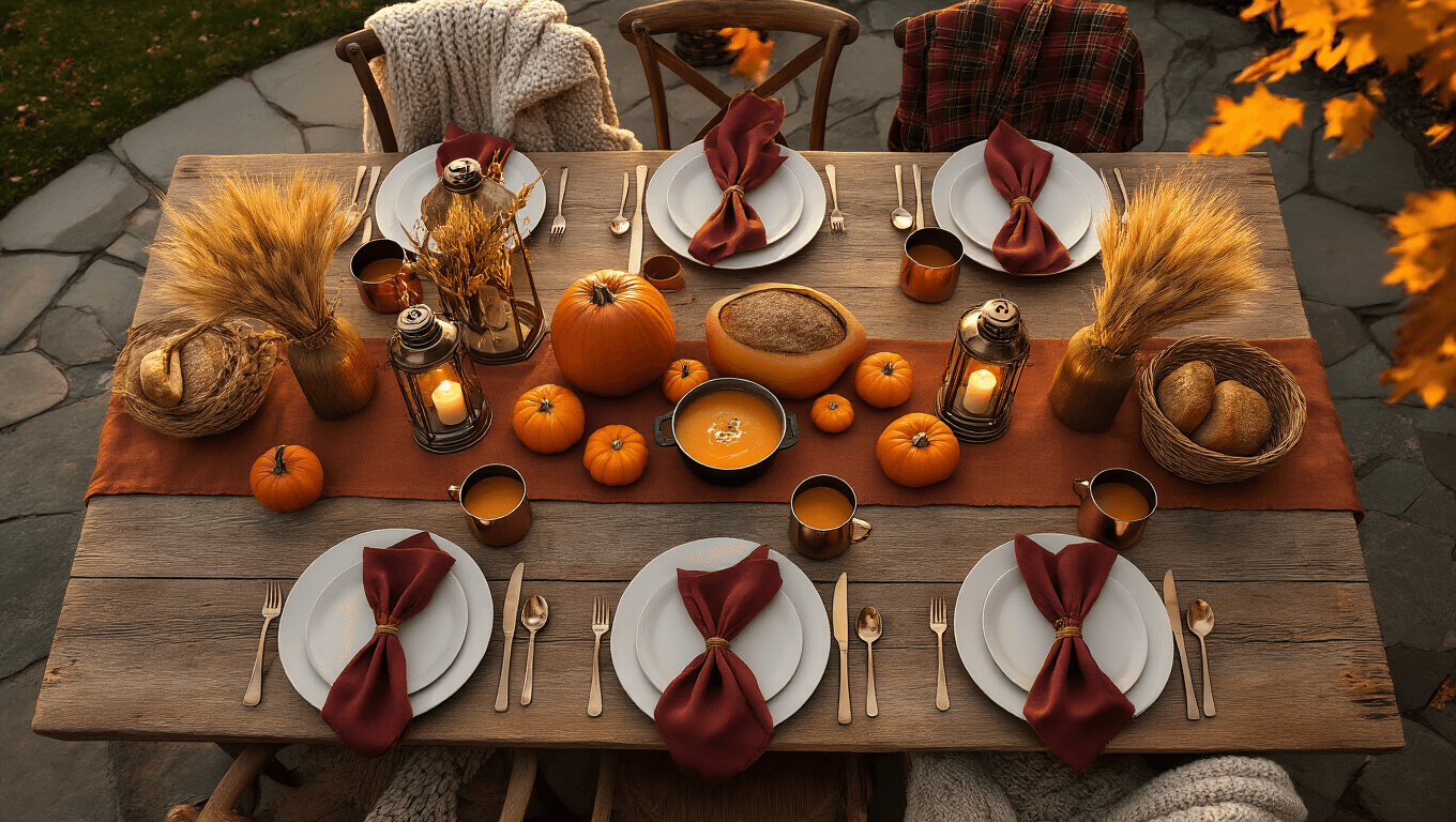 Cinematic overhead view of a rustic outdoor fall dinner party setup, featuring a reclaimed wood table on a stone patio, adorned with autumn decorations, warm golden hour lighting, and cozy elements like chunky knit throws and flickering brass lanterns.