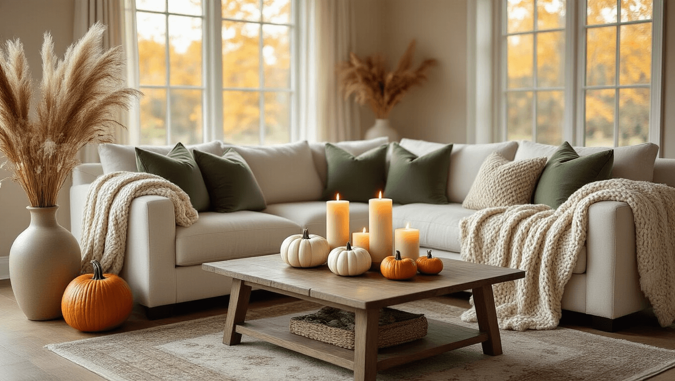 Sophisticated autumn living room with cream sectional, chunky knit throws, sage green pillows, warm wood coffee table, pillar candles, mini cream pumpkins, and dried pampas grass in ceramic vases, bathed in golden hour light and a cozy neutral palette.