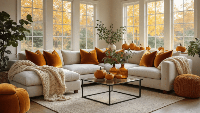 Cinematic wide-angle shot of a cozy fall living room featuring a plush sectional sofa with velvet and knit pillows, hardwood floors, and warm golden hour light illuminating ceramic pumpkins and eucalyptus on a glass coffee table.