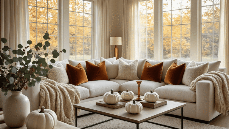 Cozy fall living room featuring a cream sectional sofa with chunky knit throws, styled coffee table with white ceramic pumpkins, dried eucalyptus in neutral vases, and warm golden light streaming through large windows, creating an inviting autumn atmosphere.