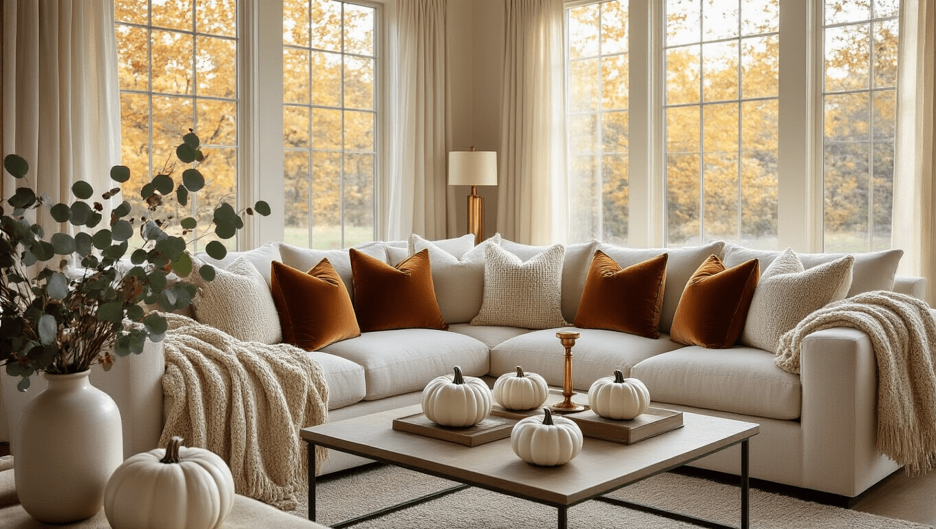 Cozy fall living room featuring a cream sectional sofa with chunky knit throws, styled coffee table with white ceramic pumpkins, dried eucalyptus in neutral vases, and warm golden light streaming through large windows, creating an inviting autumn atmosphere.