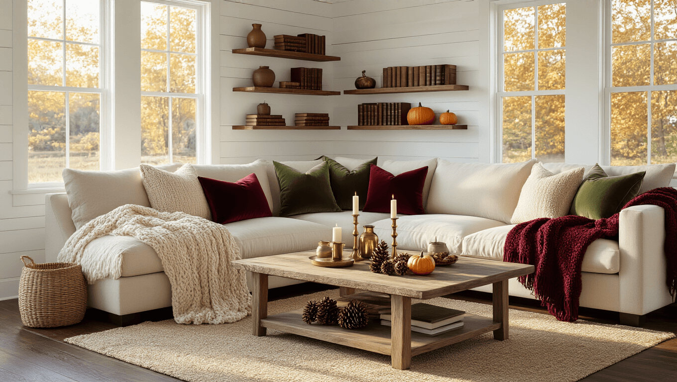 Photorealistic cozy fall living room with warm golden hour light, cream sectional sofa adorned with knit throws and velvet pillows, wooden coffee table with candles and pine cones, styled shelves, white shiplap walls, and dark hardwood floors.