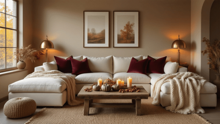 Cozy autumn living room with cream sectional, burgundy pillows, chunky throws, reclaimed wood coffee table with pumpkins and candles, jute rug, taupe walls, and warm lighting creating an inviting atmosphere.