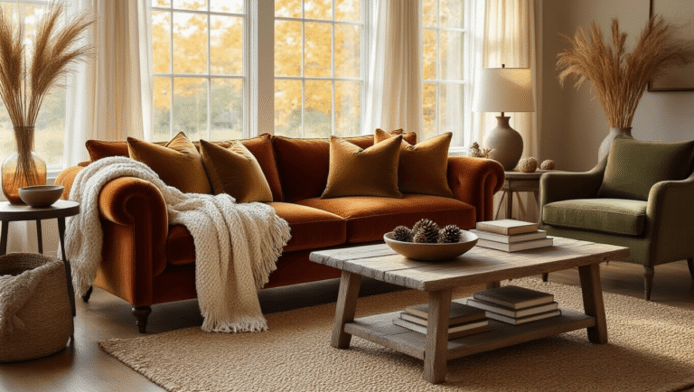 A cozy fall living room featuring a rust velvet sofa with chunky knit throws and mustard pillows, an olive green accent chair, a reclaimed wood coffee table with pinecones and vintage books, and a woven jute rug on hardwood floors, illuminated by soft amber lighting and warm sunlight streaming through sheer curtains.