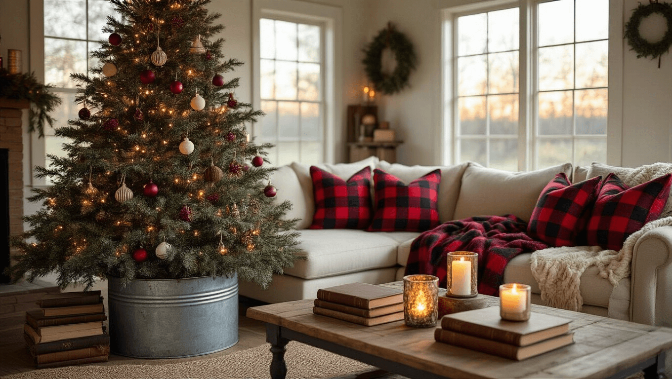 Cozy farmhouse Christmas living room at golden hour with an imperfectly shaped tree in a metal bucket, adorned with warm lights and vintage decorations, featuring plaid pillows on a sectional sofa, reclaimed wood coffee table, and soft window light.