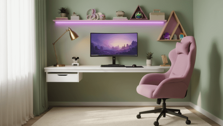 A cozy gaming corner with sage green walls, featuring a floating white desk and a curved monitor, complemented by a dusty rose ergonomic chair. Warm purple LED lighting, triangular floating shelves with collectibles, and a soft cream carpet enhance the aesthetic. Natural light filters through sheer curtains, creating a warm, inviting atmosphere with pastel tones.