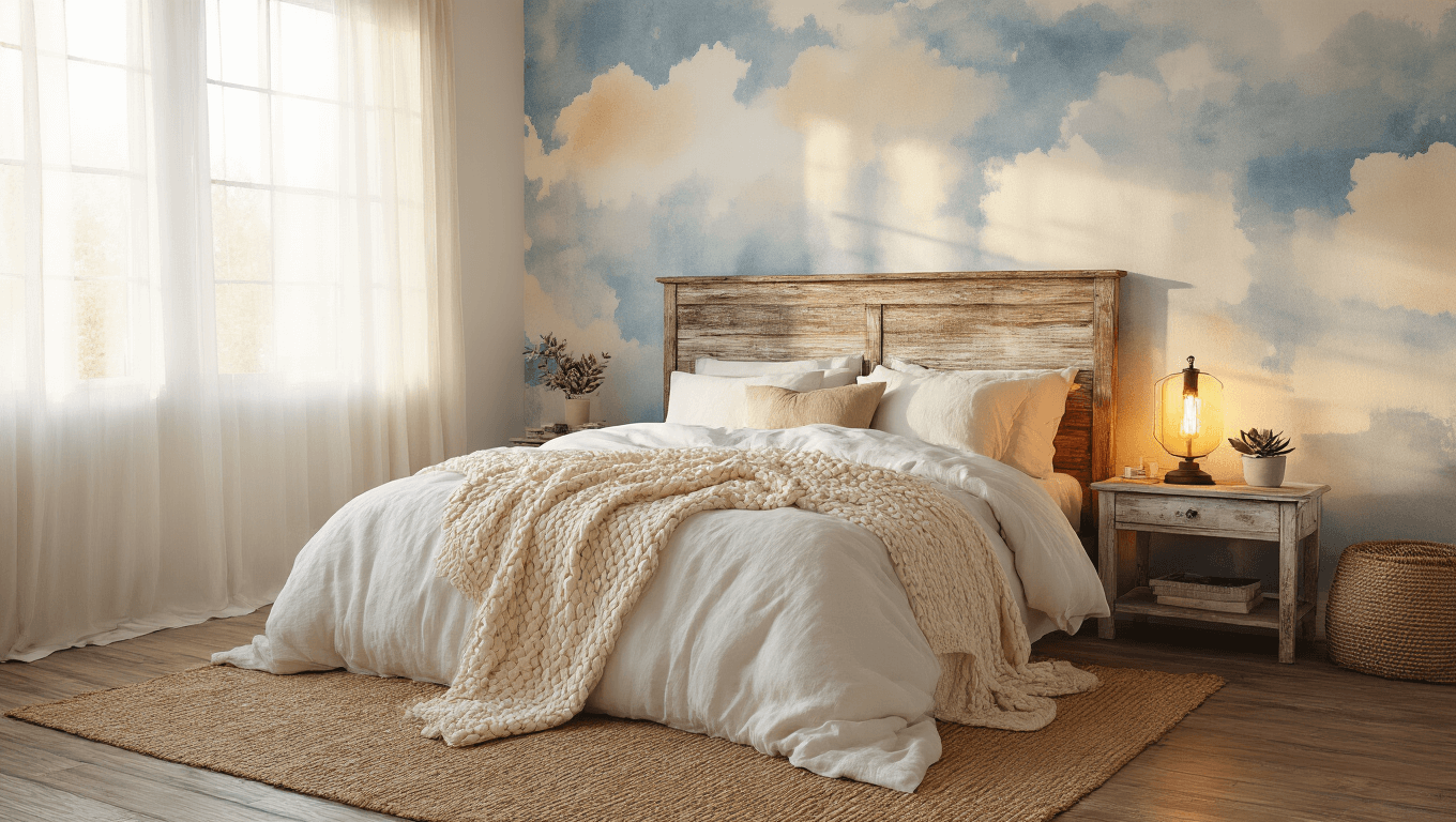 Cinematic bedroom interior with golden hour light, featuring dreamy watercolor cloud wallpaper, rustic wood headboard, layered white linen bedding, succulents on a distressed nightstand, and warm LED lamp, evoking a cozy sanctuary.
