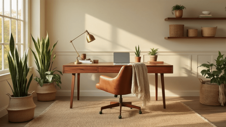 Photorealistic cozy home office with warm wood textures, a walnut floating desk, ergonomic leather chair, and natural lighting, featuring terracotta and sage green accents, jute rug, ceramic plants, and layered warm lighting.