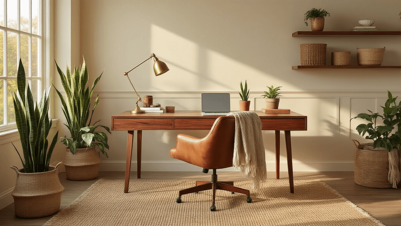 Photorealistic cozy home office with warm wood textures, a walnut floating desk, ergonomic leather chair, and natural lighting, featuring terracotta and sage green accents, jute rug, ceramic plants, and layered warm lighting.