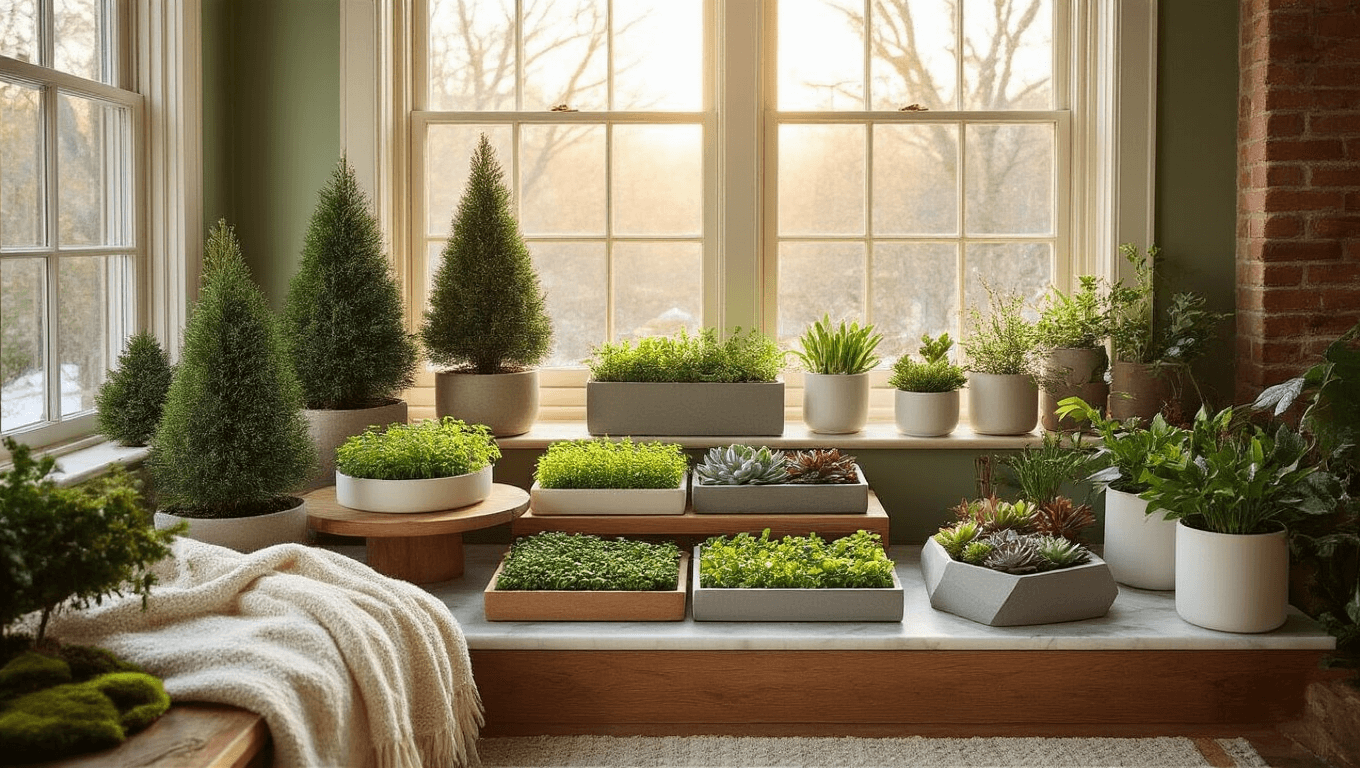 Cinematic wide-angle shot of a cozy indoor winter garden featuring tiered wooden plant stands with dwarf conifers, microgreens, succulents, and herbs, bathed in warm golden hour light, with a backdrop of evergreens and winterberry holly.