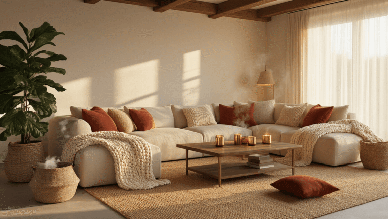 Transform Your House into a Cozy Haven: The Ultimate Guide to Creating Warmth and Comfort Warmly lit living room during golden hour, featuring a beige sectional with chunky knit throws and layered cushions, a jute rug under a walnut coffee table with flickering brass candles, a large fiddle leaf fig in a woven basket, soft lighting from table lamps, and dramatic shadows from sunlight through sheer curtains, creating a cozy and inviting atmosphere.