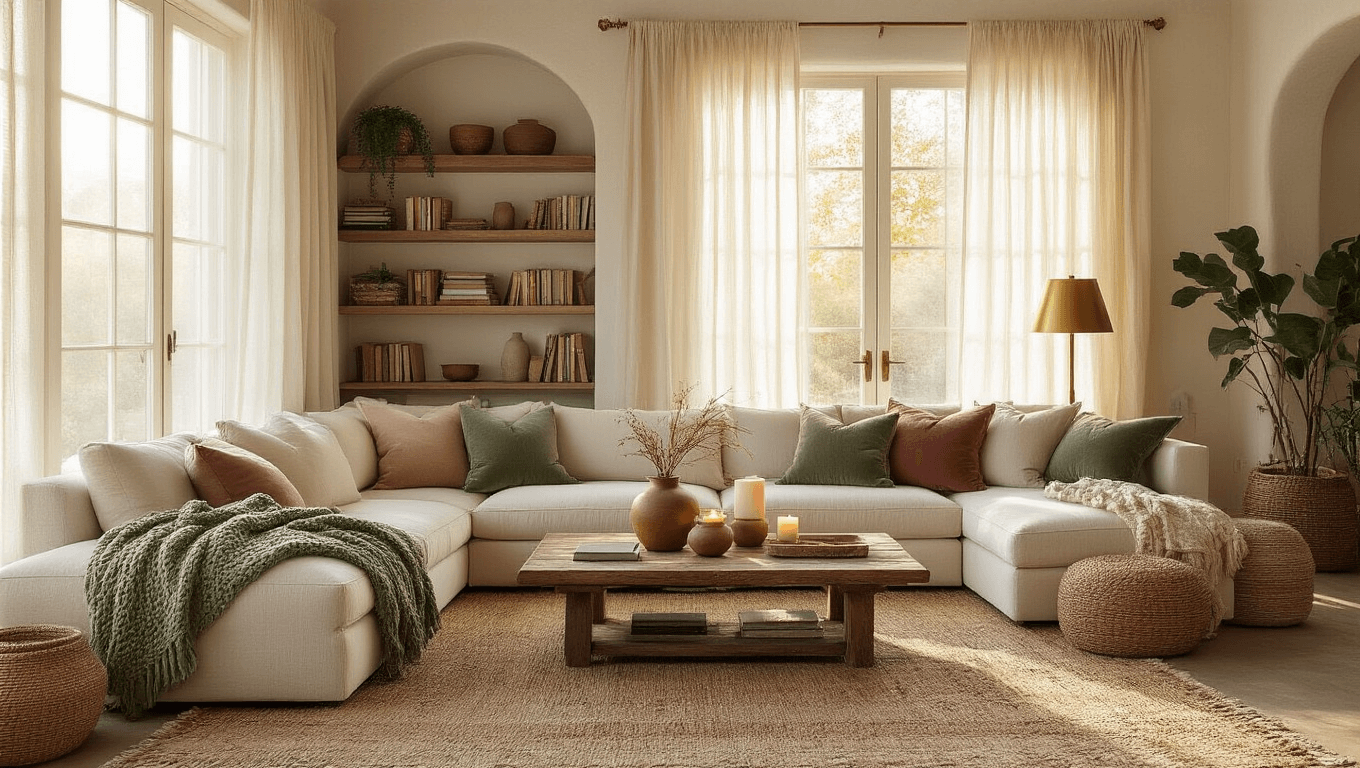 A cozy living room with a cream sectional sofa, layered rugs, warm lighting, and natural textures, creating an inviting retreat.