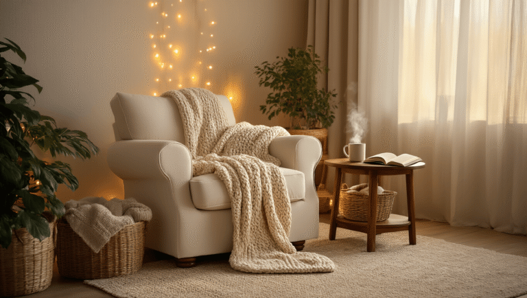 Cozy living room sanctuary featuring an oversized cream armchair with a chunky knit throw, warm golden lighting, a walnut side table with a steaming mug and open book, layered soft textures, wicker baskets, LED string lights, potted plants, and personal touches like framed photos and an essential oil diffuser, all captured from an elevated angle.