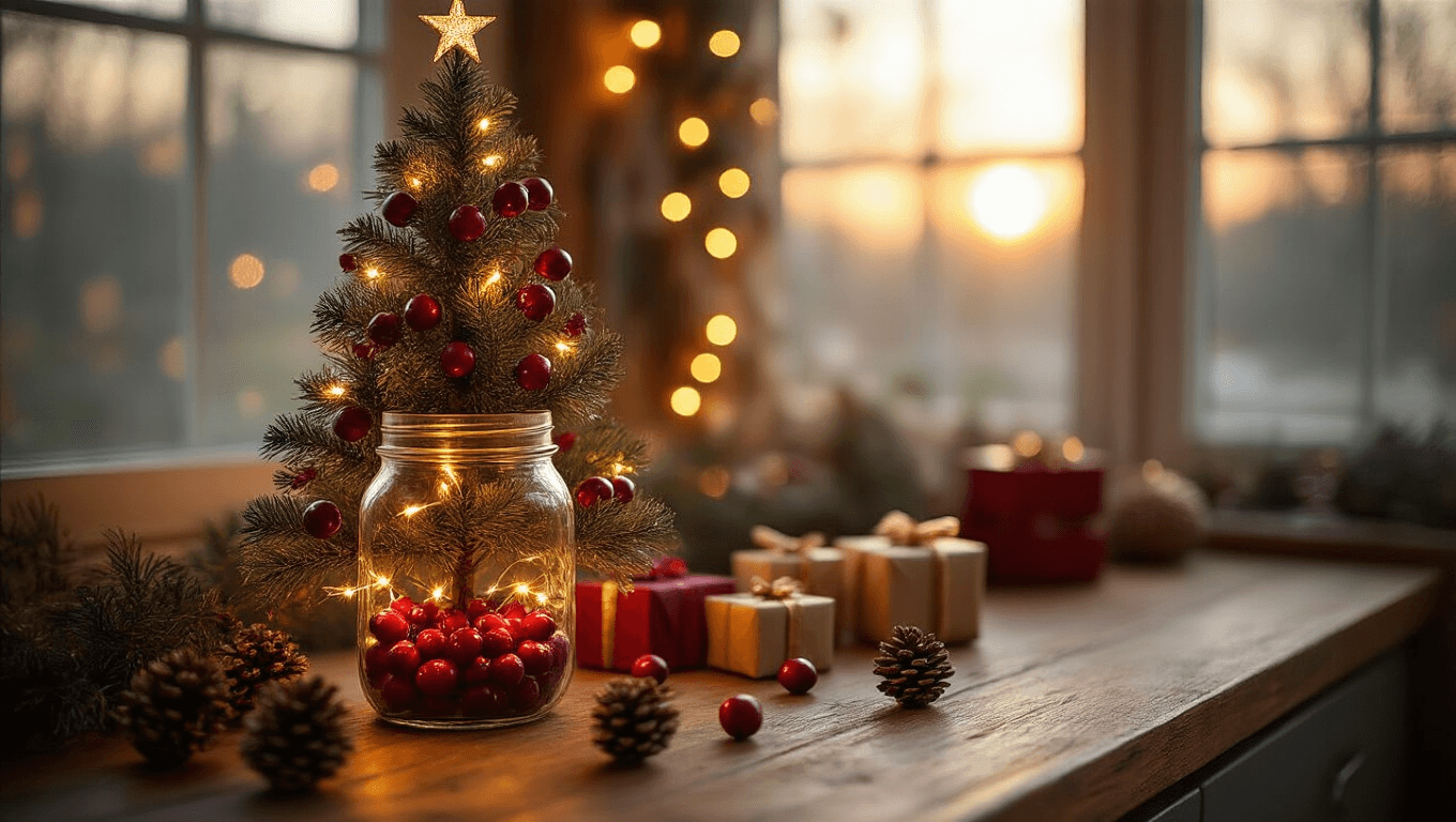 Cozy corner of a studio apartment with a mason jar Christmas tree filled with cranberries and fairy lights on a rustic wooden counter, adorned with pine cones and mini gifts, bathed in warm golden hour lighting and soft bokeh, creating a festive atmosphere in a burgundy and gold palette.