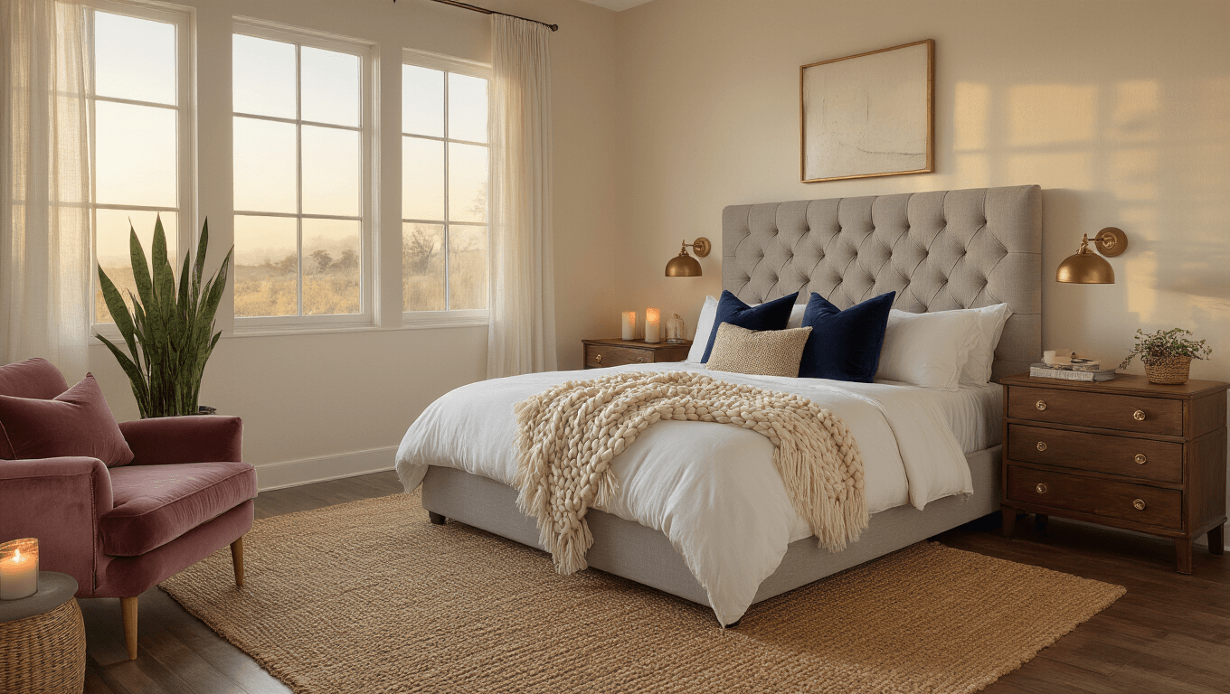 Luxurious master bedroom with warm cream walls, tufted gray headboard, California king bed layered in white linens and textured throws, navy velvet pillows, jute rug, walnut nightstands, ambient lighting, and a cozy reading chair, all creating an inviting atmosphere at golden hour.