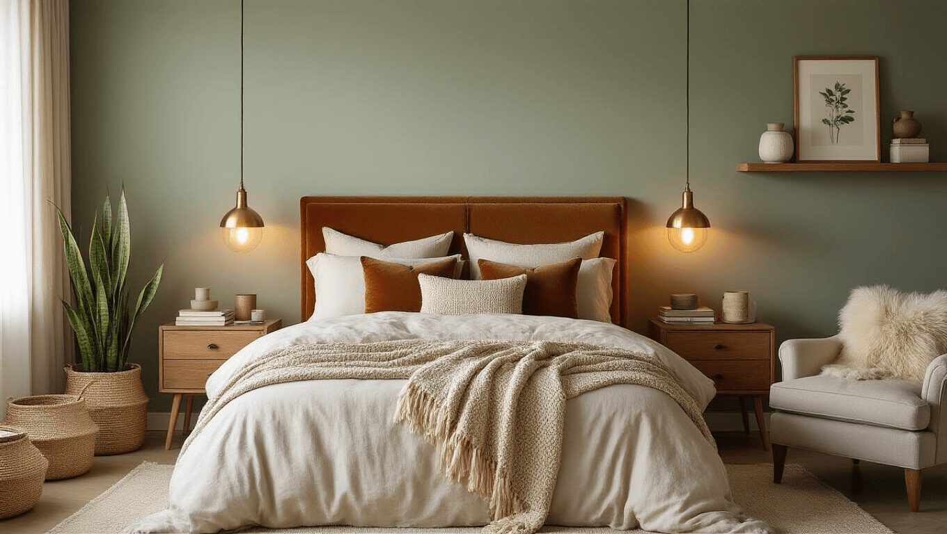 Cinematic view of a cozy master bedroom featuring layered warm neutral textiles, a natural wood headboard against a sage green wall, and ambient lighting from brass lamps, with a reading corner, plush armchair, and decorative accessories.