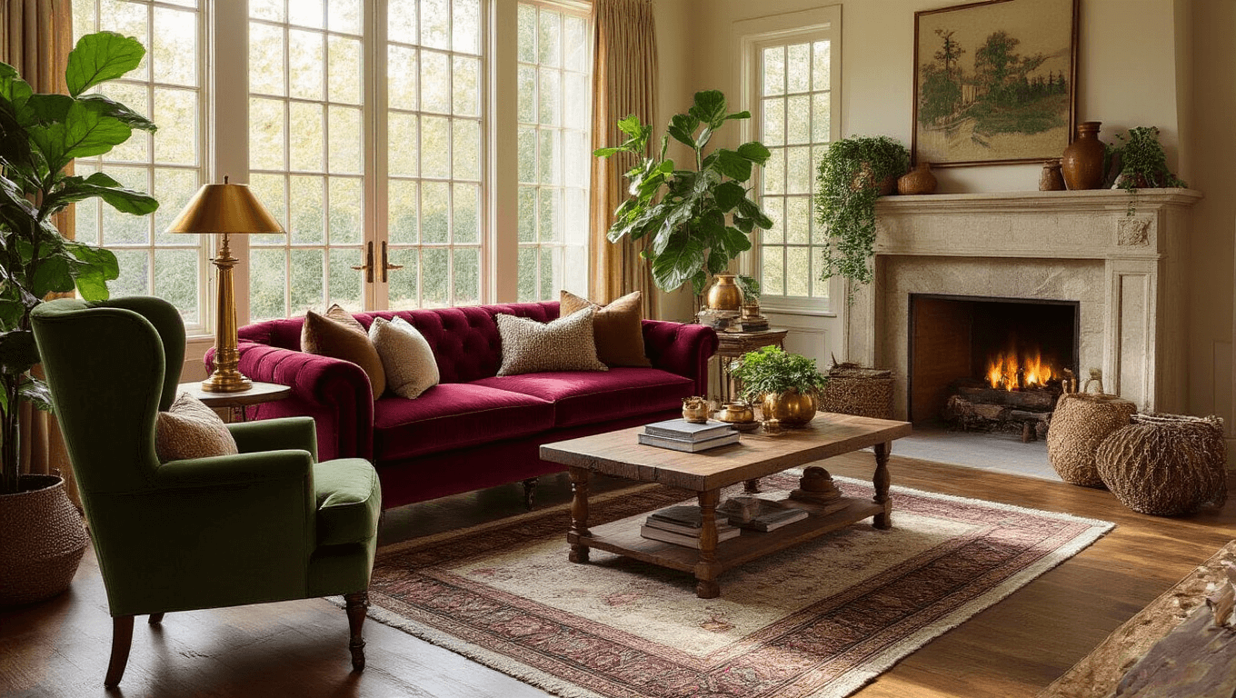 A luxurious cozy maximalist living room featuring a burgundy velvet sofa with textured throw pillows, honey oak hardwood floors bathed in warm golden sunlight, and a forest green wingback chair adorned with botanical patterns, complemented by a reclaimed walnut coffee table with a brass lamp, a layered Persian runner over a jute rug, a natural stone fireplace with curated ceramics, abundant greenery, and a rich deep emerald and cream color palette.