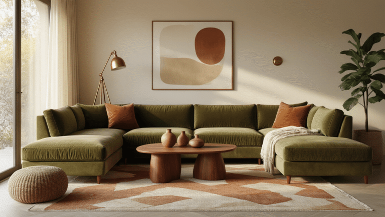 Creating the Ultimate Cozy Mid-Century Modern Living Room: My Journey from Bland to Bold Cozy mid-century modern living room with olive velvet sectional sofa, walnut coffee table, warm golden hour light, and inviting textures.