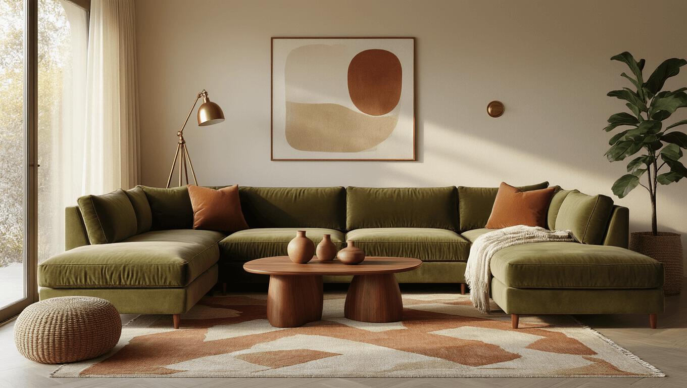 Cozy mid-century modern living room with olive velvet sectional sofa, walnut coffee table, warm golden hour light, and inviting textures.