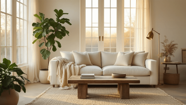 How to Create a Cozy Minimalist Home That Actually Feels Like Home Cinematic wide shot of a serene minimalist living room with a cream sofa, reclaimed wood coffee table, and warm golden hour light filtering through large windows, featuring cozy textures and an inviting atmosphere.