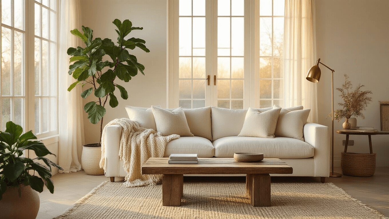 Cinematic wide shot of a serene minimalist living room with a cream sofa, reclaimed wood coffee table, and warm golden hour light filtering through large windows, featuring cozy textures and an inviting atmosphere.