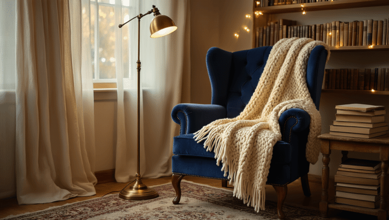 Why Your Home is Crying Out for a Cozy Reading Corner Cozy reading corner with a vintage navy wingback chair, cream chunky knit throw, warm brass lamp, stack of books, rustic side table, and soft Persian rug, illuminated by natural light and string lights.