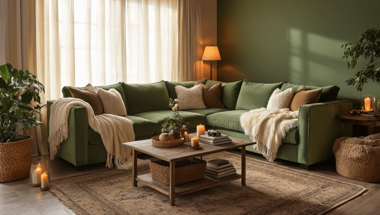 How to Create a Cozy Living Room That Actually Feels Like Home Cozy living room featuring a sage green sectional with cream throws, warm golden hour lighting, forest green accent wall, and layered textures, creating an intimate atmosphere.