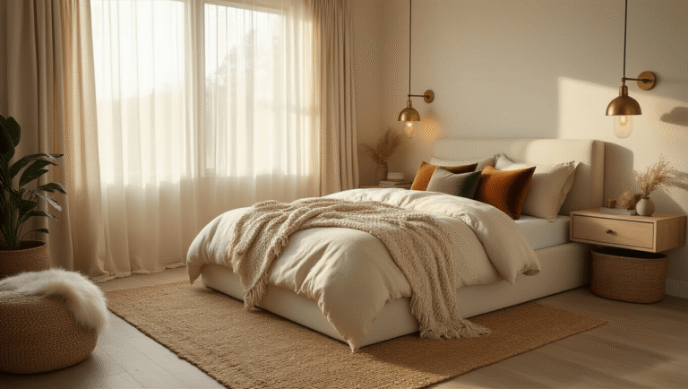 How to Create Cozy Small Bedrooms That Feel Like a Luxury Hotel Retreat Cozy small bedroom with cream bedding, chunky knit throw, and velvet pillows; golden hour light illuminates jute rug and wall-mounted nightstands with brass lamps; features sage green accents and faux fur textures, creating a warm, inviting atmosphere.