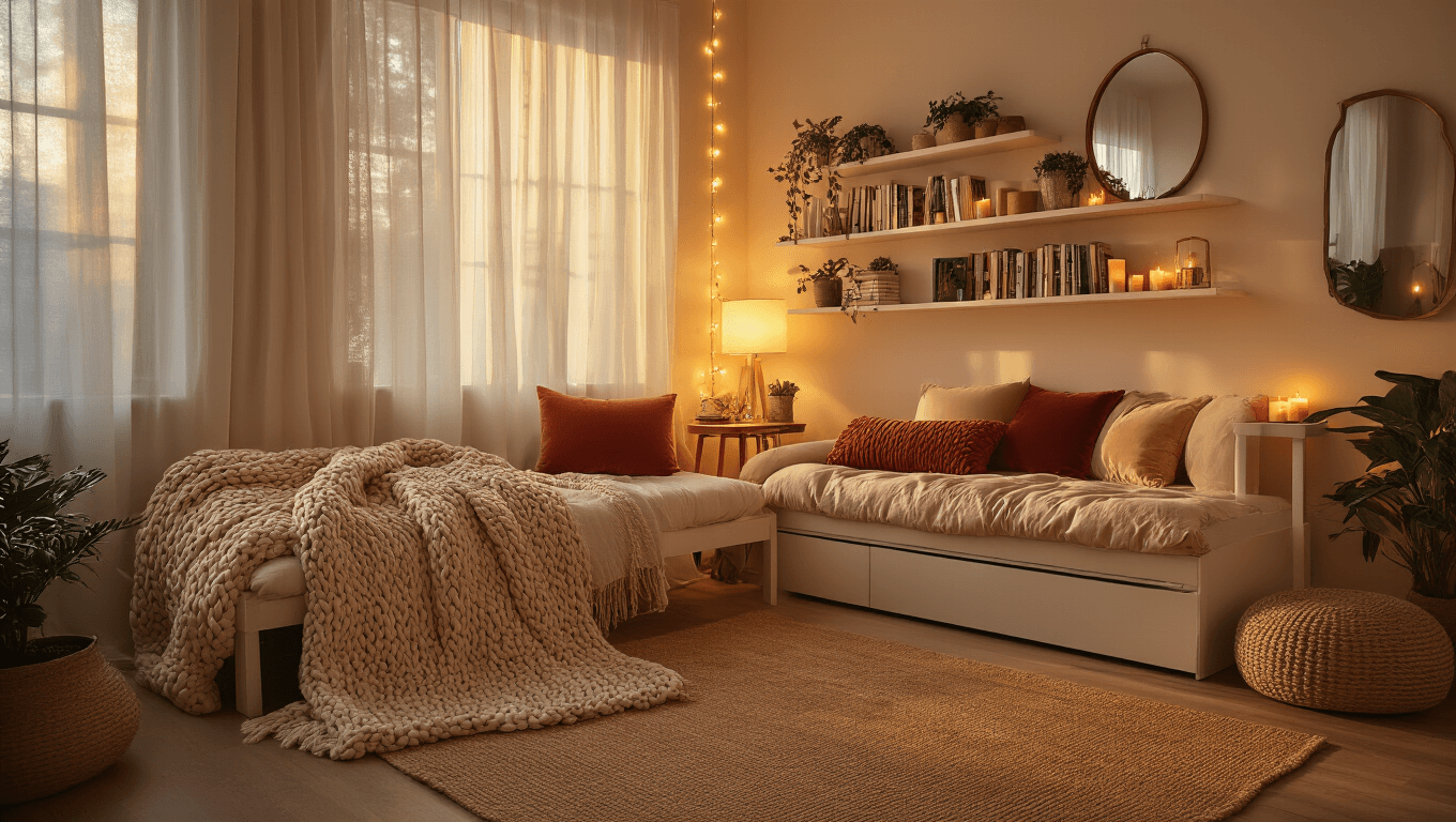 A cozy 300 sq ft studio apartment illuminated by warm golden hour light, featuring layered lighting, textured textiles, and a seamless flow between sleeping, living, and kitchen areas.