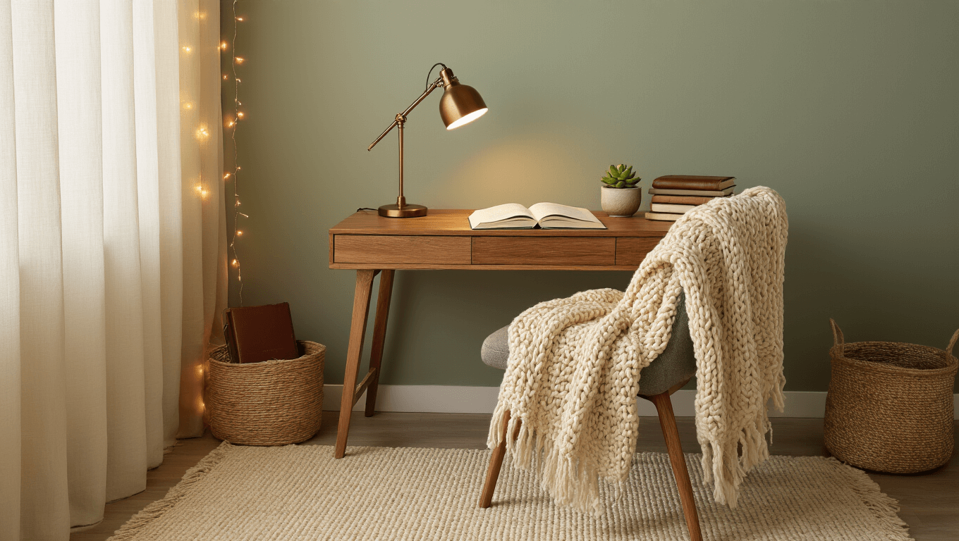 A cozy study corner with warm lighting, featuring a wooden desk, open textbooks, a chunky knit throw on an ergonomic chair, soft green walls, a textured area rug, jade succulent, stacked vintage journals, ambient string lights, and sheer curtains filtering golden light.