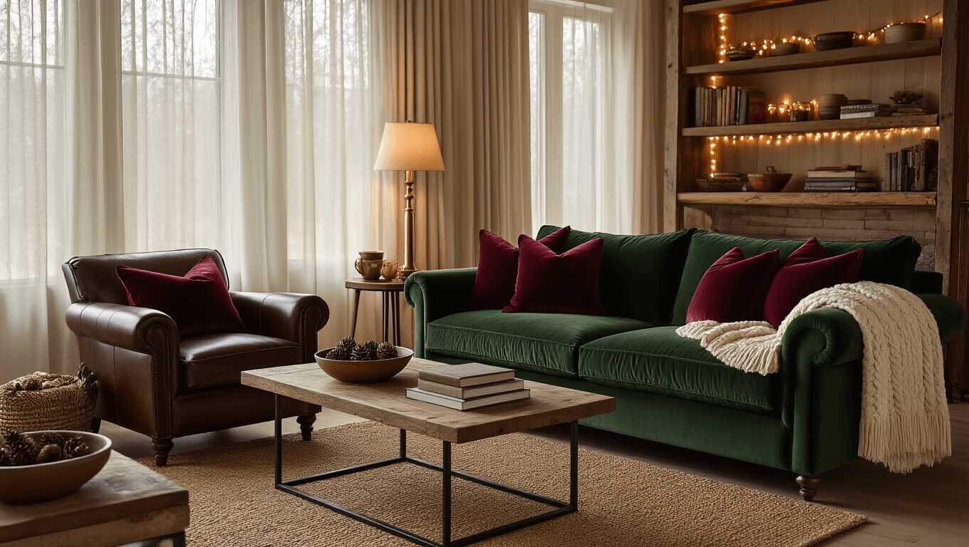Cozy winter living room with a deep forest green velvet sofa adorned with cream cable-knit throws and burgundy pillows, complemented by a rich chocolate leather armchair, warm golden hour light, and soft brass table lamps, creating an inviting atmosphere with vintage books and pinecone-filled ceramic bowls on a reclaimed wood coffee table.