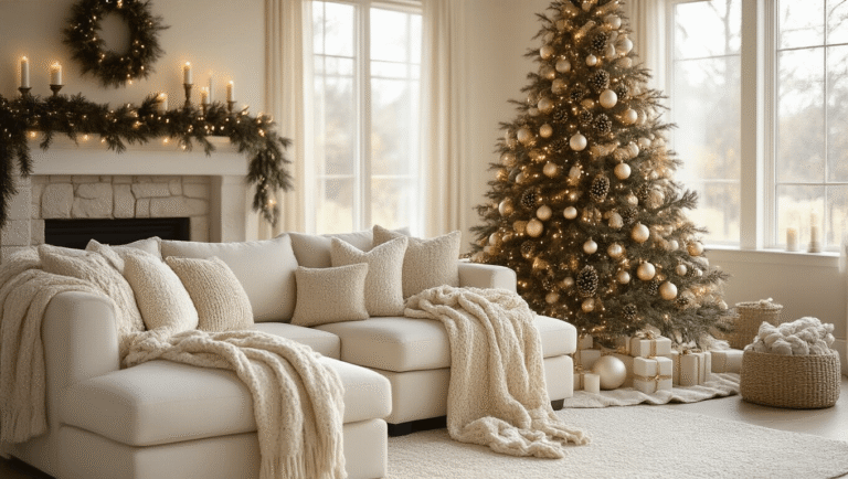 Spacious living room with cream sectional sofa, chunky knit throws, a decorated Christmas tree, and a stone fireplace, all illuminated by warm morning light for a cozy holiday ambiance.
