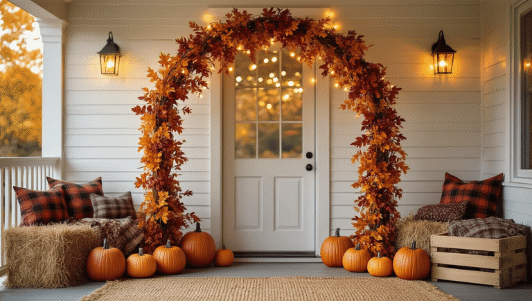 Cinematic wide-angle view of a DIY fall porch arch made of PVC, decorated with autumn garland in burnt orange and deep red, whimsical pumpkins, and warm string lights against a cream wood backdrop, featuring rustic elements like hay bales and plaid pillows.