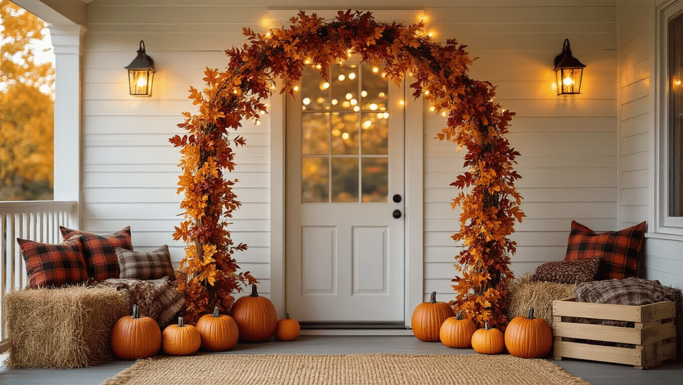Cinematic wide-angle view of a DIY fall porch arch made of PVC, decorated with autumn garland in burnt orange and deep red, whimsical pumpkins, and warm string lights against a cream wood backdrop, featuring rustic elements like hay bales and plaid pillows.