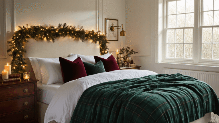 Elegant master bedroom adorned with emerald green plaid blankets, burgundy velvet throw pillows, and antique brass fairy lights, creating a cozy holiday atmosphere with warm morning light and soft textures.