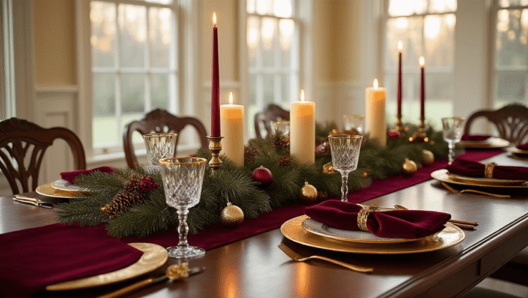 Elegant mahogany dining table decorated for Christmas with a deep red velvet runner, gold accents, lush pine garland, and flickering candles, bathed in warm golden hour light.