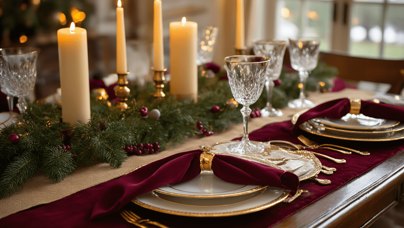 Elegant Christmas dinner table set with burgundy velvet runner, gold charger plates, white china, crystal glasses, and a pine garland centerpiece with ivory candles, all illuminated by warm candlelight in a luxurious setting.