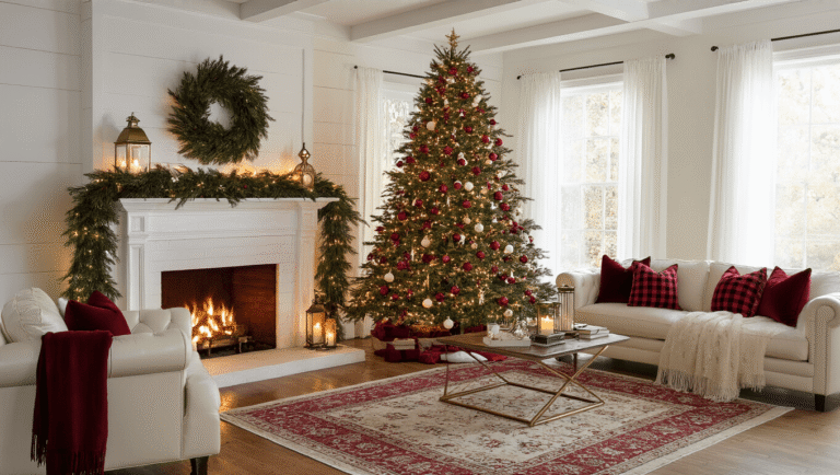 Cinematic wide-angle shot of an elegant living room decorated for Christmas, featuring a 9-foot Fraser fir tree with crimson and pearl-white ornaments, a white fireplace mantel with lush garlands and flickering candles, and cozy cream leather seating adorned with red buffalo check pillows.